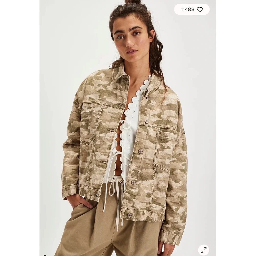 Free People Opal Swing Printed Denim Jacket Camo Military Size Small - Picture 1 of 6